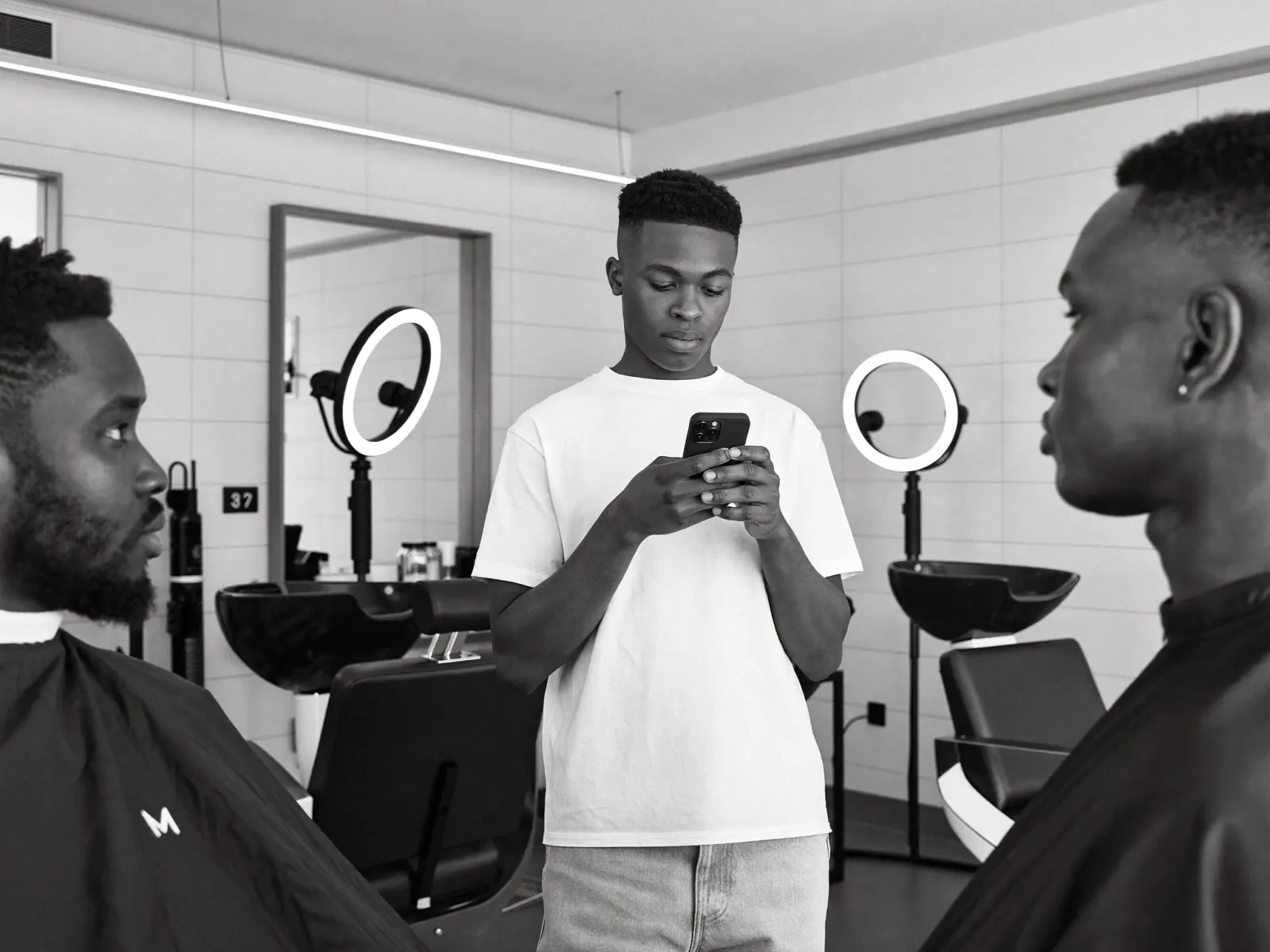 A stylist checks his phone between clients in a salon, two customers waiting in the chairs.