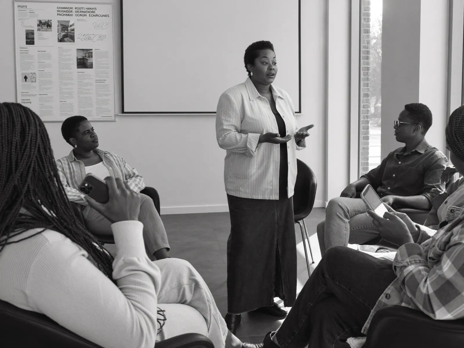 A woman speaks to a seated circle of members at a community meeting, some holding phones.